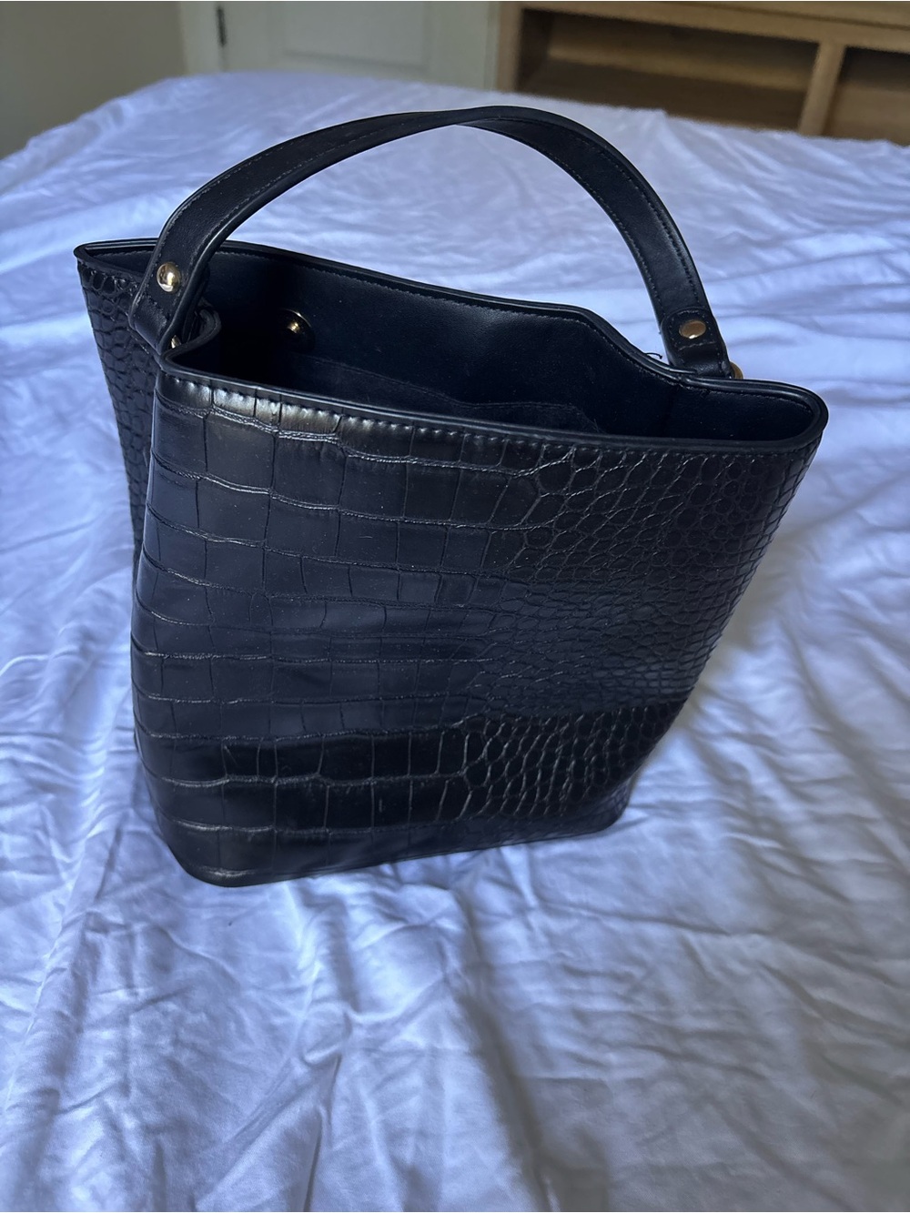 Classic Black Croc-Embossed Bucket Bag